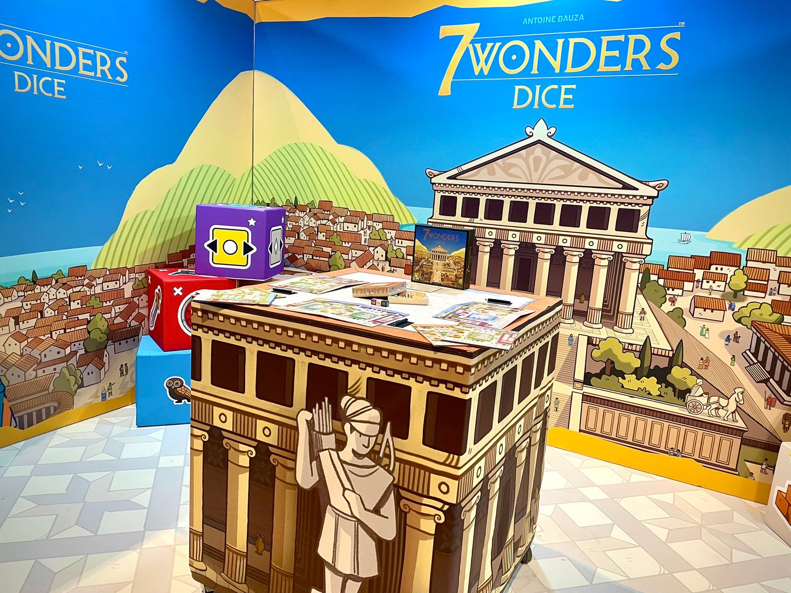 7 Wonders Dice set up on a table