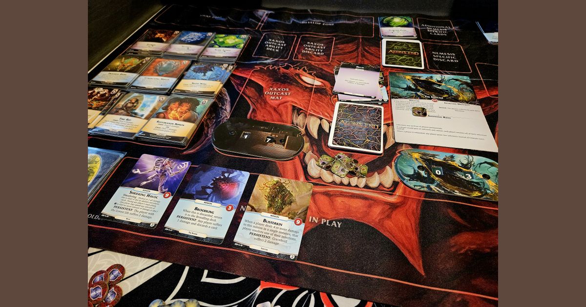 Aeons End The Descent game setup on a playmat