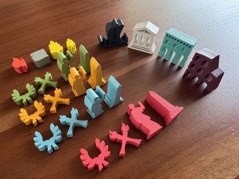 Wooden citizen and resource pieces from Aeterna