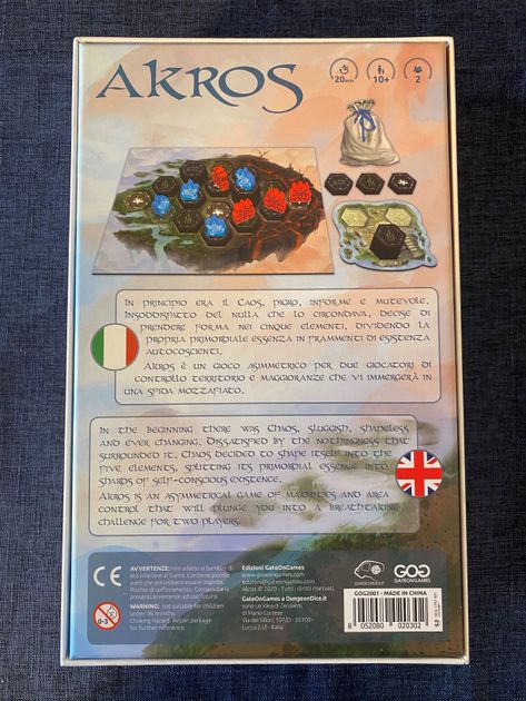 Back of the English and Italian Akros box