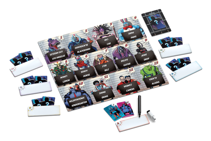 Alibis board game setup with suspects and deduction boards