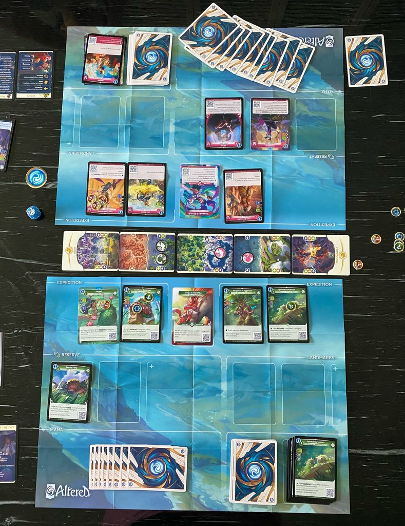 Altered TCG cards and expedition track during play