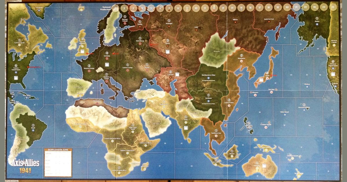 Axis and Allies 1941 world map on a table