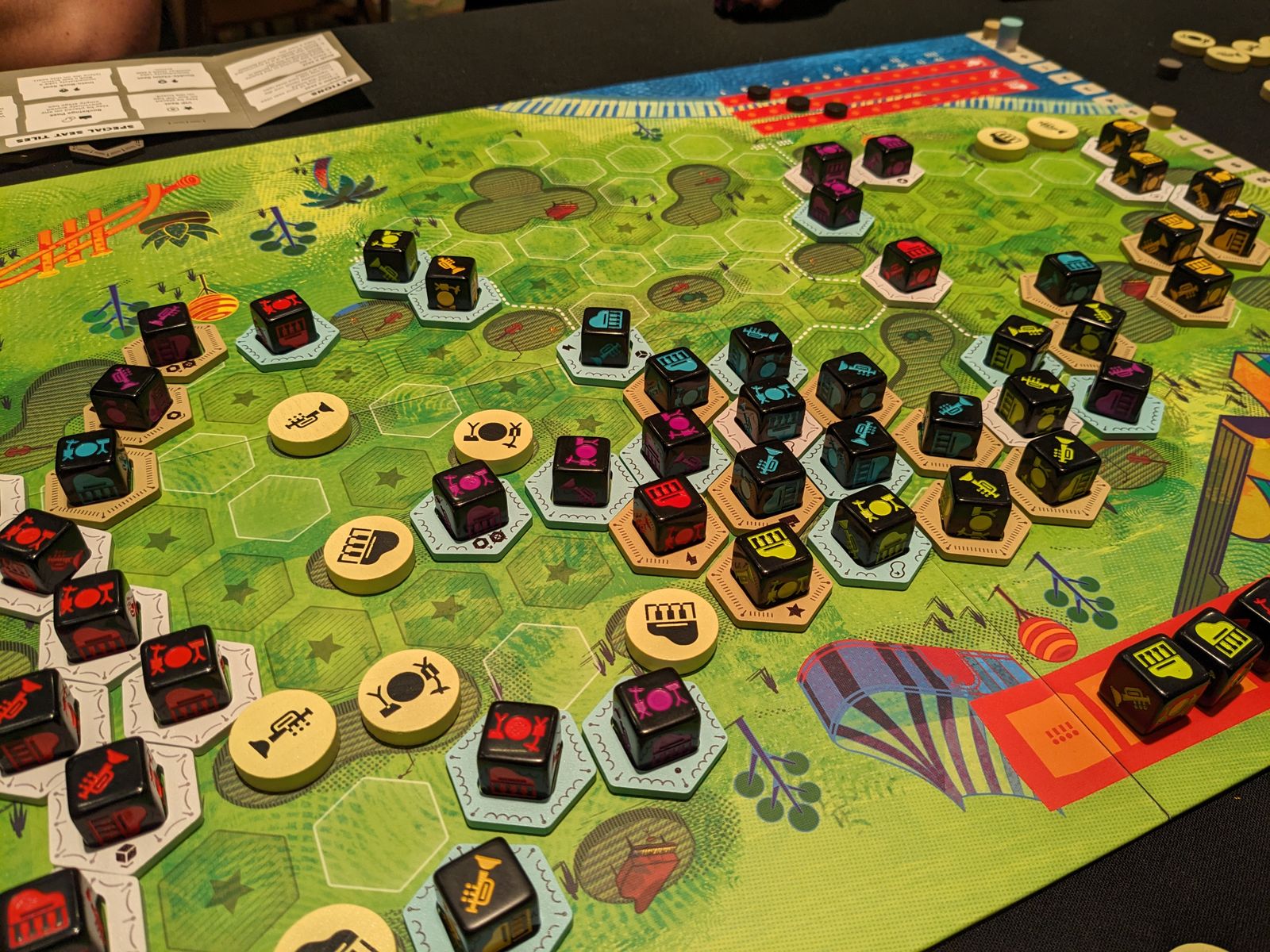 Completed Bebop game board with colorful fan dice