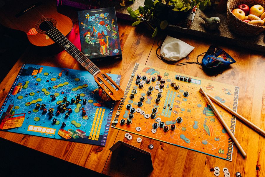 Bebop board game components and festival tiles
