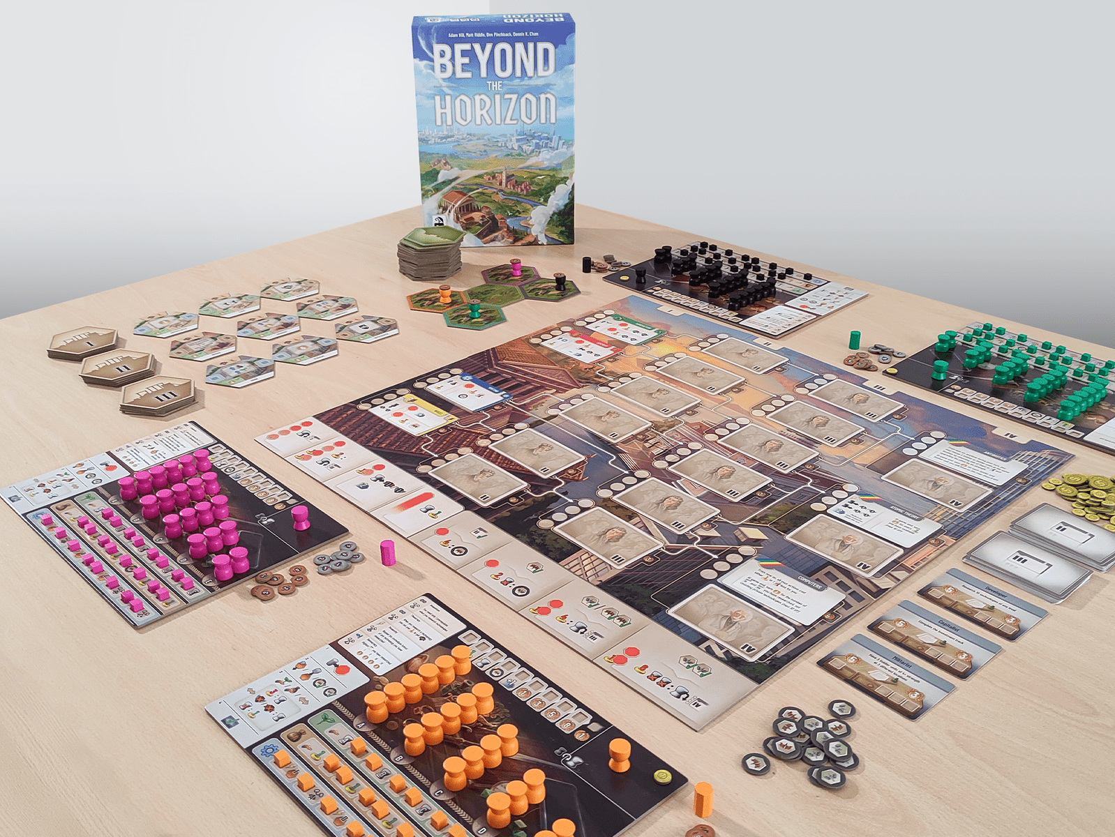 Beyond the Horizon complete board game setup on a table