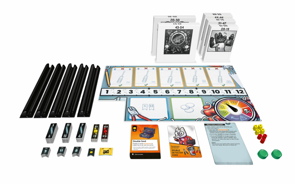 Bomb Busters components arranged around the box