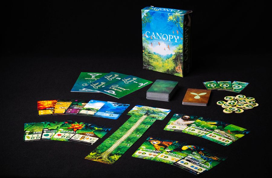 Canopy board game in progress with rainforest card displays