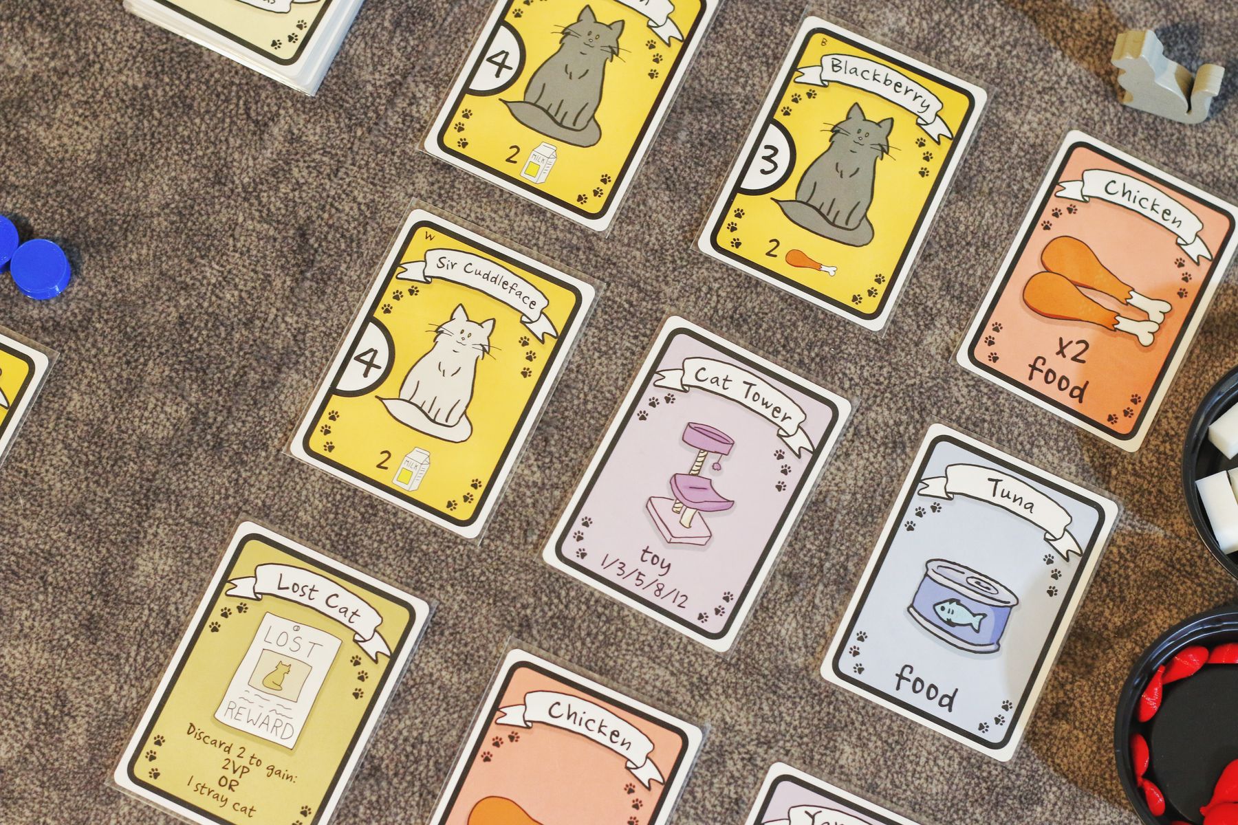 Cat Lady base game cards food cubes tokens and cat marker