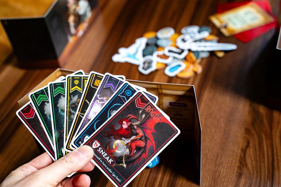 Crits and Tricks cards and polyhedral dice
