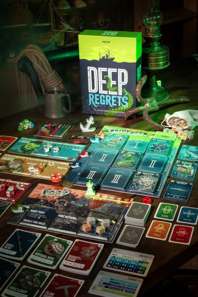 Deep Regrets cards dice boards and wooden components