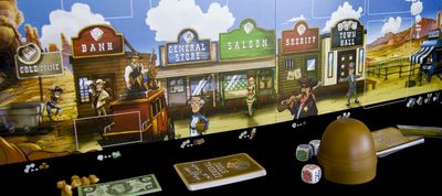Dice Town board with dice cups cards cash and gold nuggets