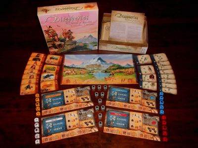 Discoveries box with dice cards boards and components
