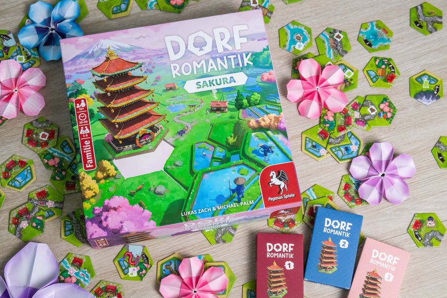 Dorfromantik Sakura tiles and campaign components on a table