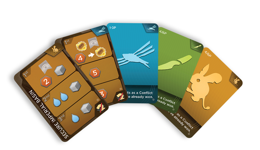 Dune Imperium Uprising conflict cards with rewards and player-count markers