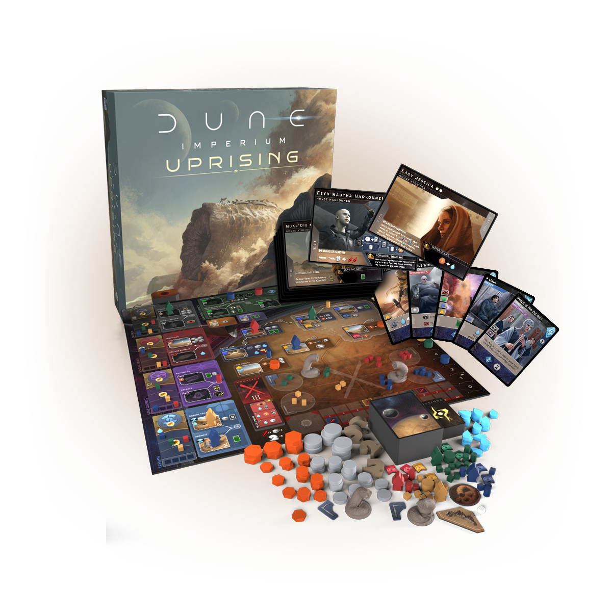 Dune Imperium Uprising board game with board, cards, sandworms, resources, and player pieces