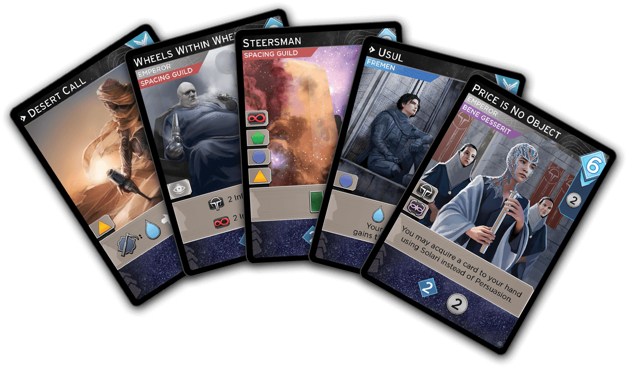 Five Dune Imperium Uprising cards showing faction icons, agents, and reveal effects