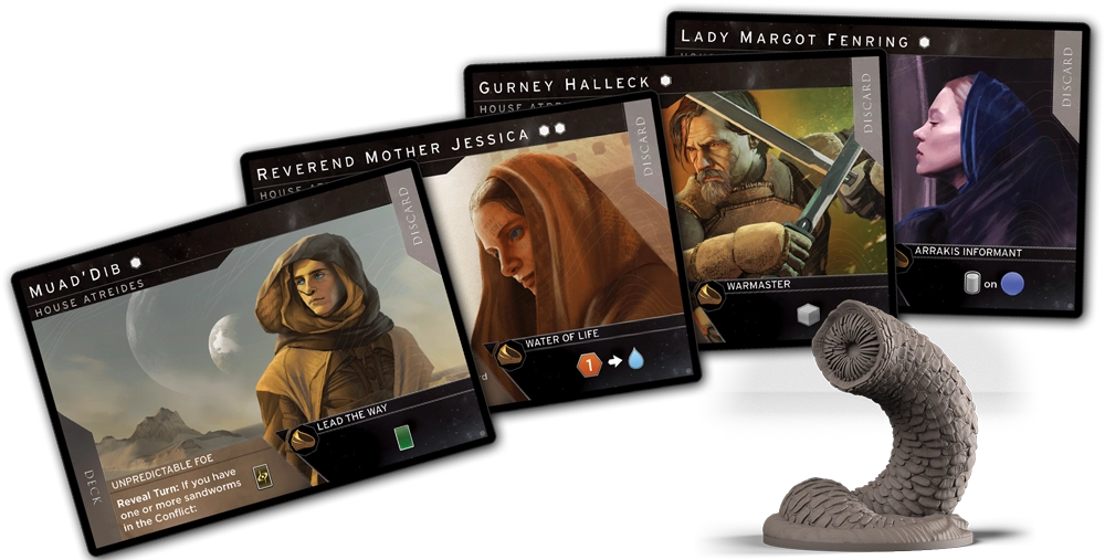 Dune Imperium Uprising leader cards beside a gray sandworm miniature