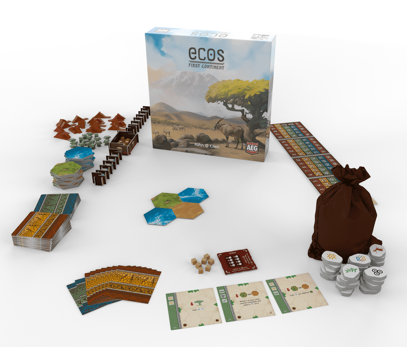 Ecos First Continent components including tiles animals trees cards and cubes