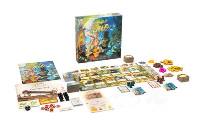 Everdell Duo box beside its game components