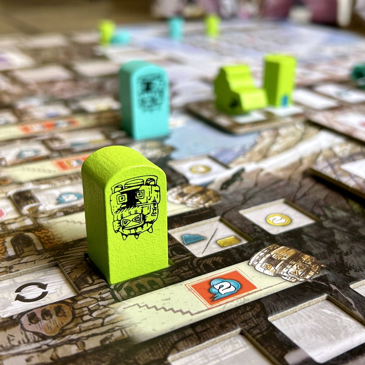 Falling board game device and resource components