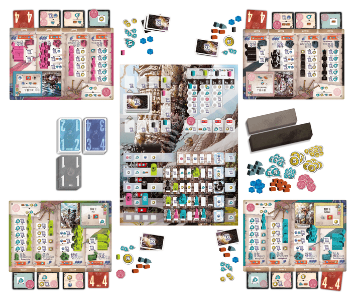 Falling board game tower laid out on a table
