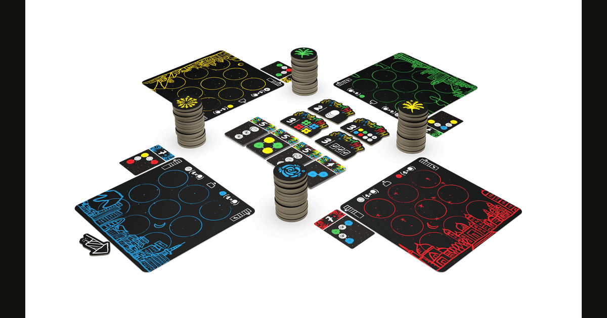 Festival board game setup and components