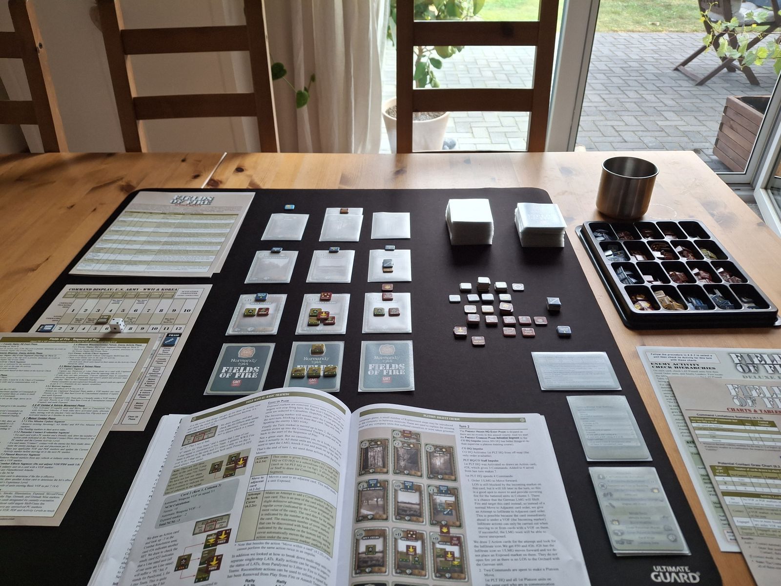 Fields of Fire Deluxe Edition learning setup with cards and counters