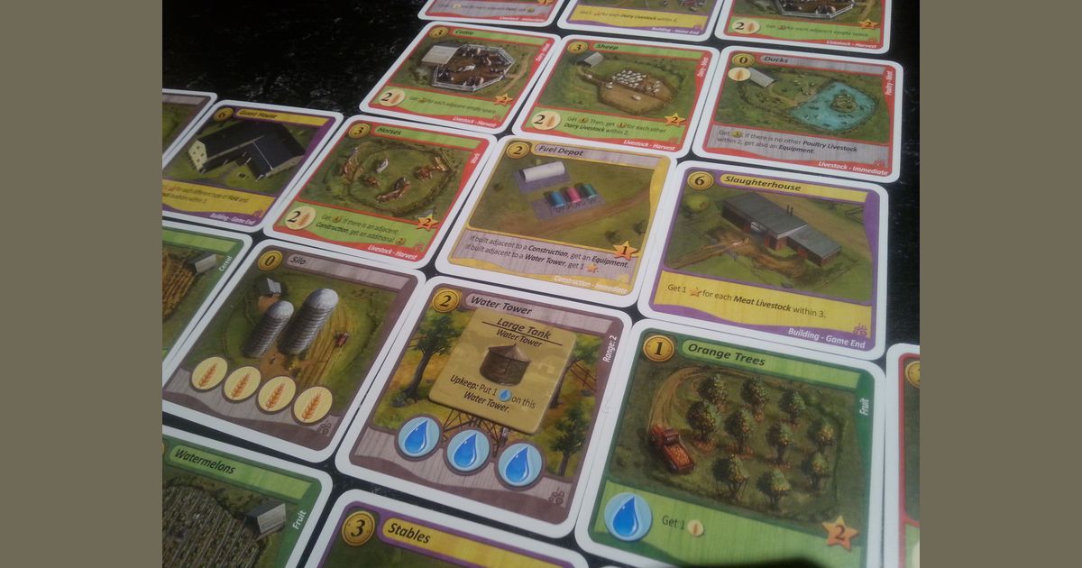Close-up of Fields of Green location cards and resources
