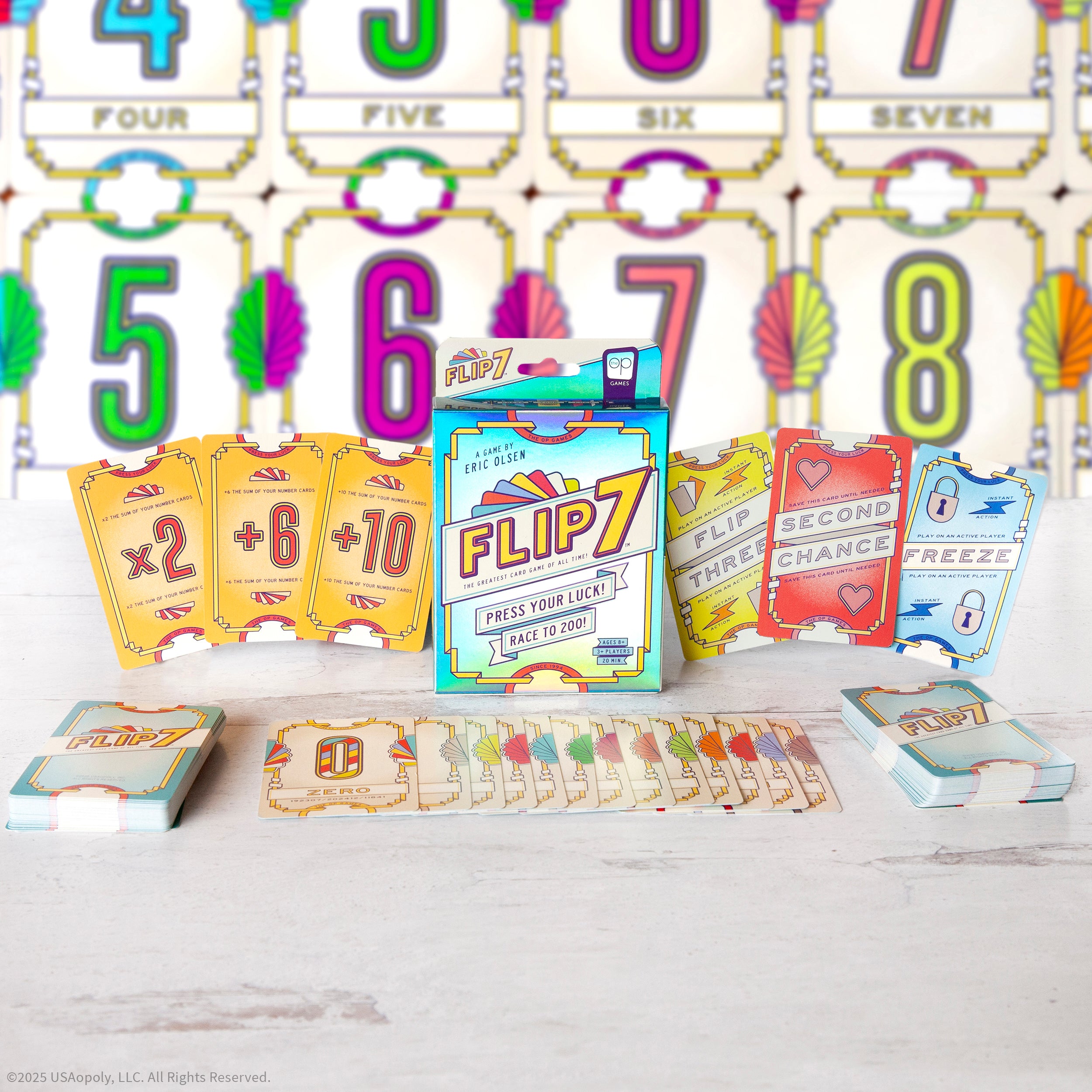 Seven unique Flip 7 number cards