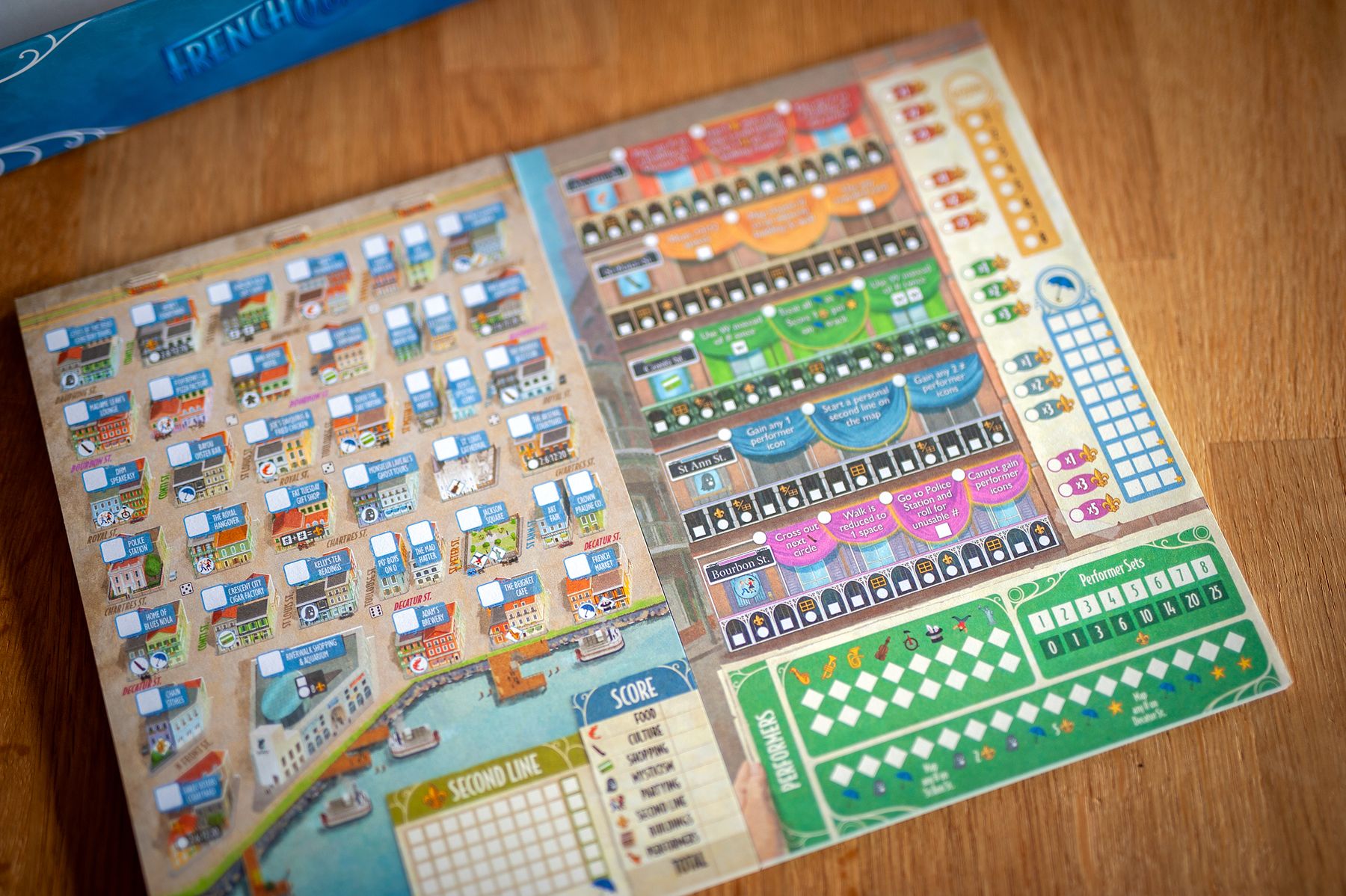 French Quarter game in progress with dice and player sheets