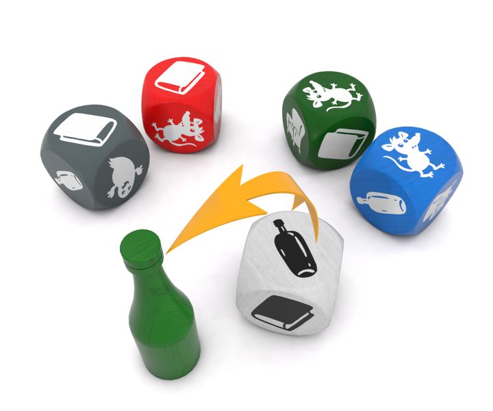 Ghost Blitz dice and wooden objects on table