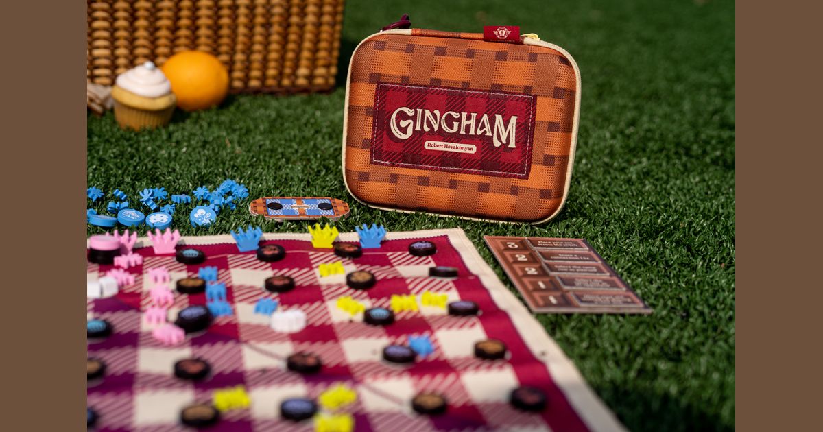Gingham board game set up outdoors