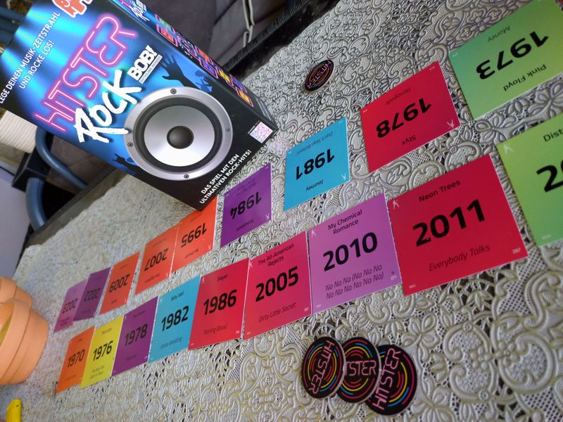 Hitster Rock Bob cards arranged at the end of a game