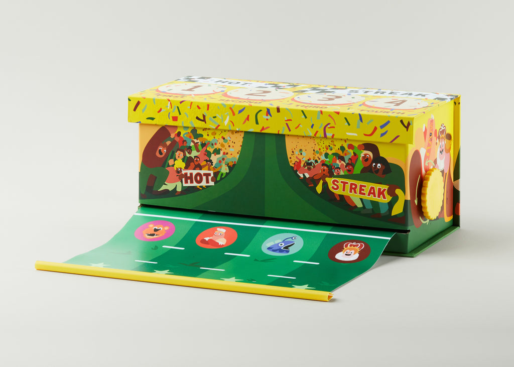 Hot Streak mascot race set up on a table