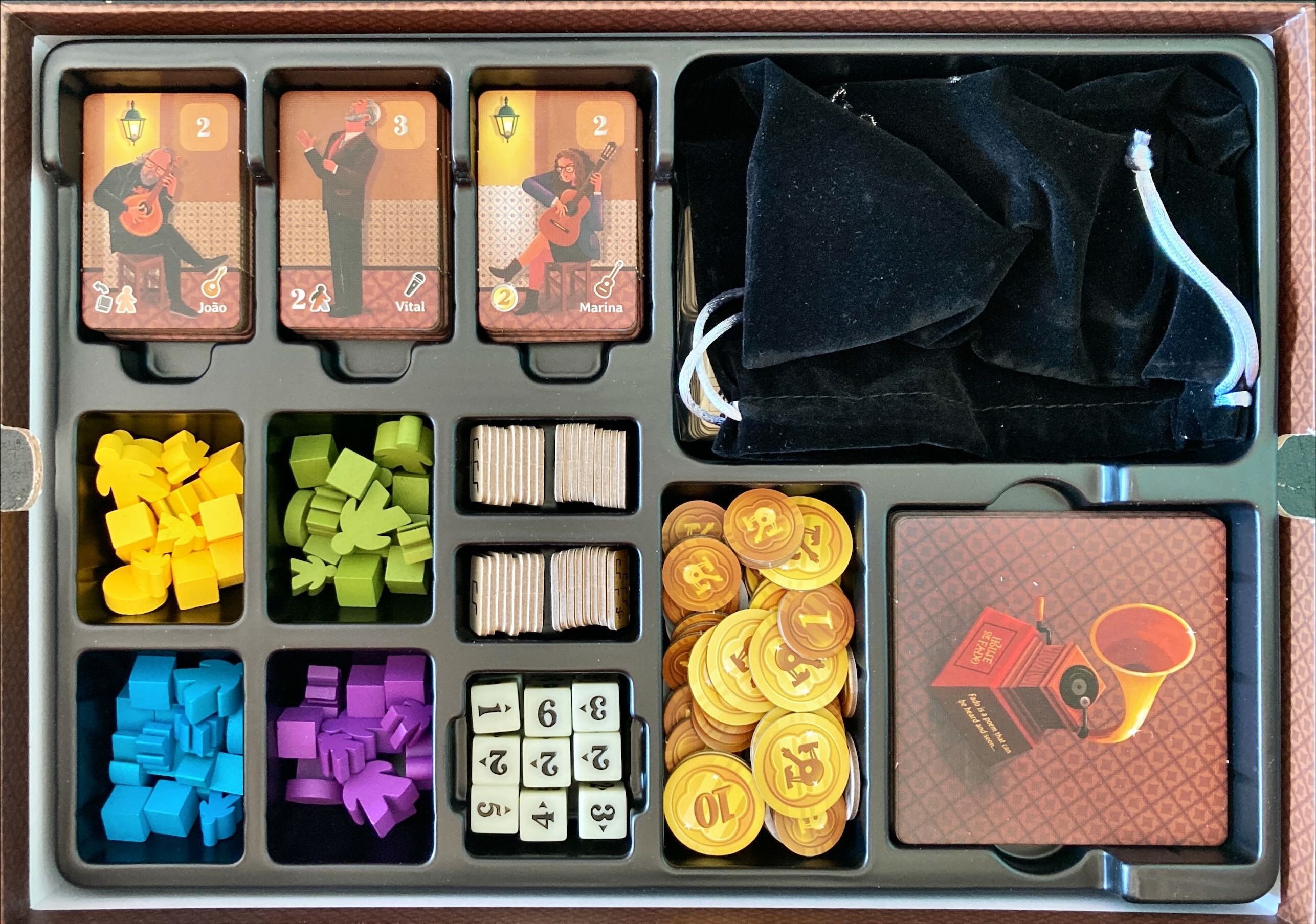 House of Fado game components organized in box insert