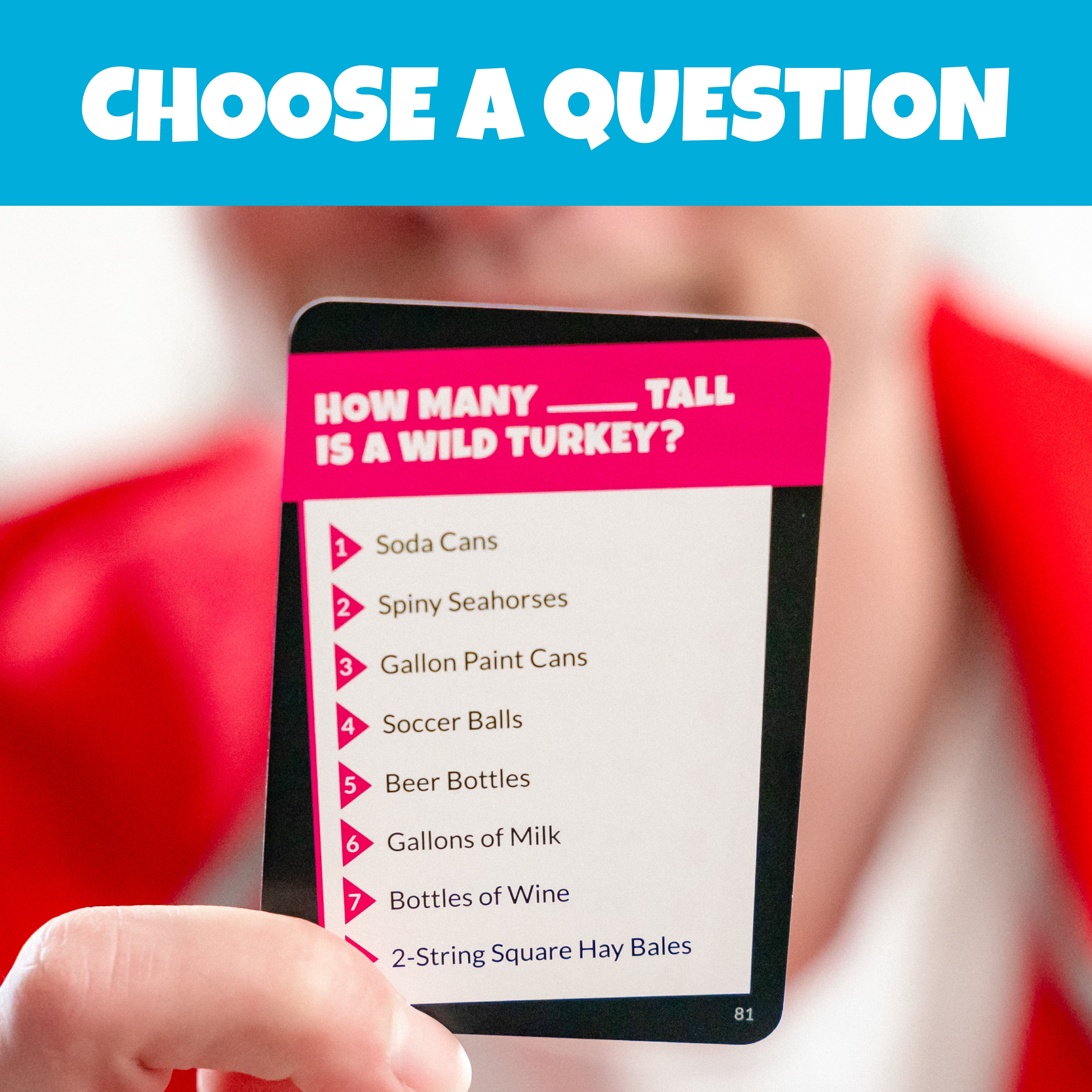 Player holding a How Many What question card with eight choices