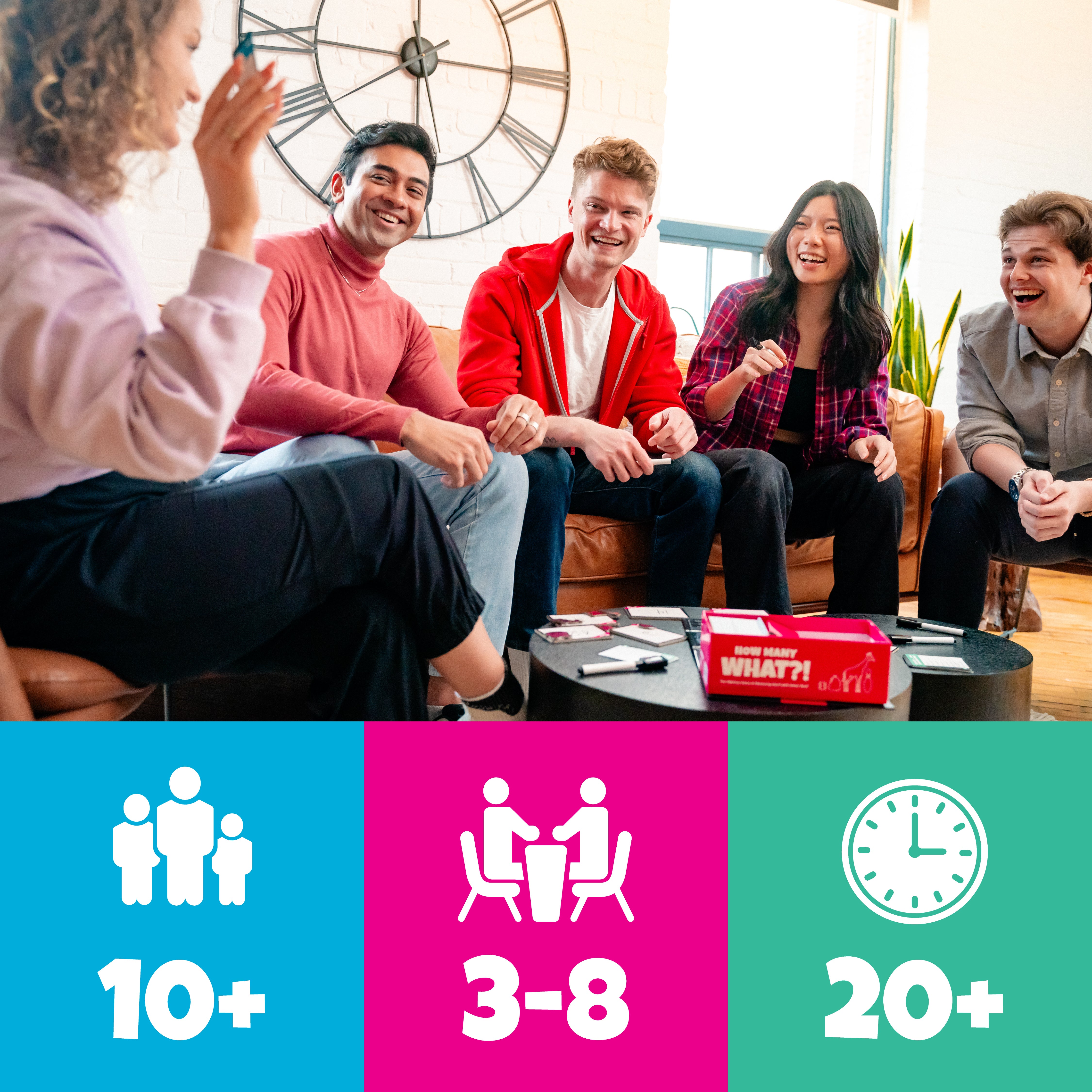 Group laughing while playing How Many What with player count and time icons