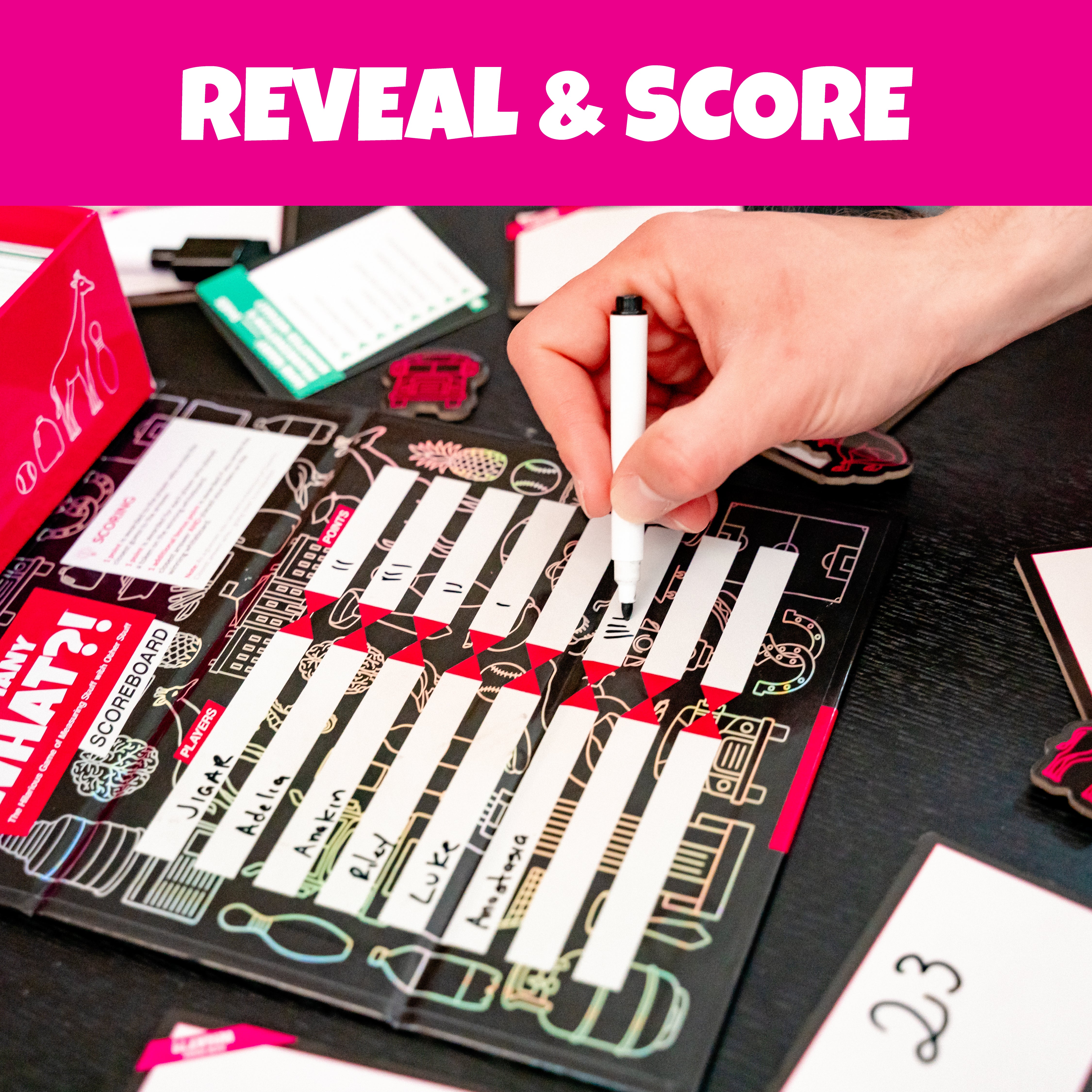 Player scoring a round on the How Many What scoreboard