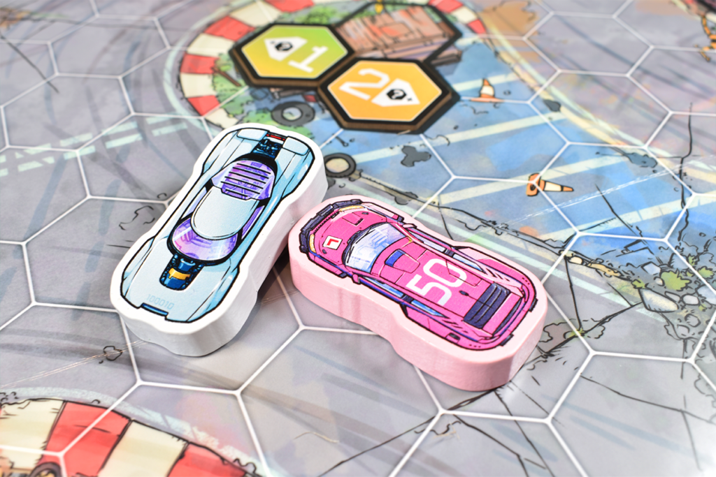 Joyride cars navigating checkpoints on the hex grid