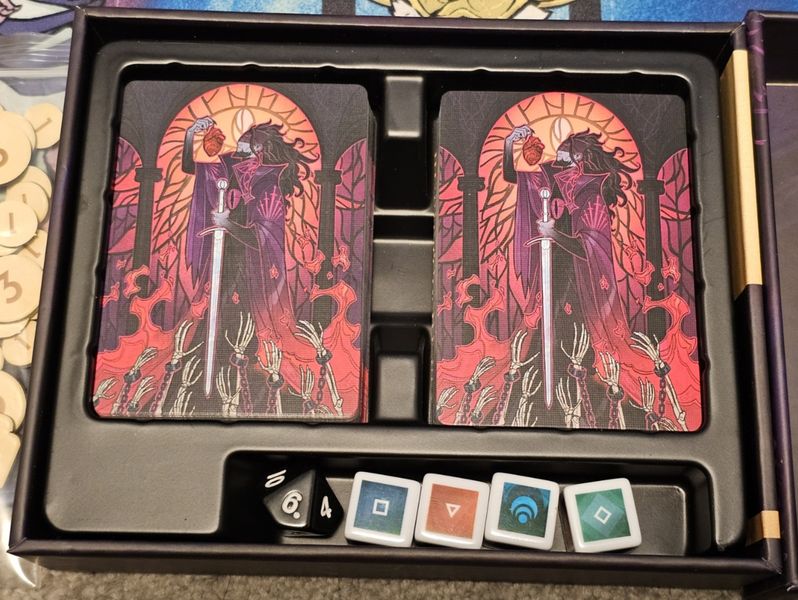 Kinfire Delve Scorns Stockade cards dice tokens and health tracker