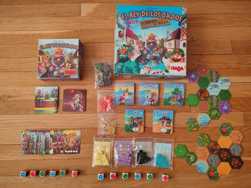King of the Dice card game and board game components
