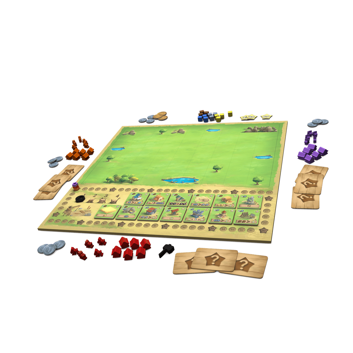 IELLO Little Town game board tiles workers and resource pieces