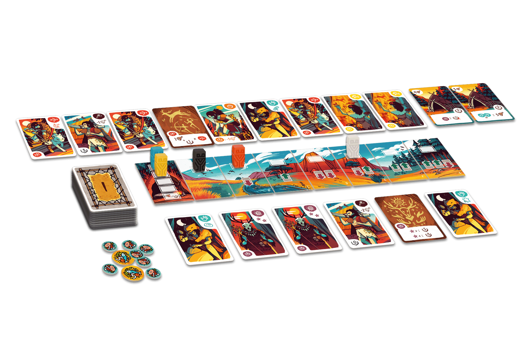 Mesos cards tokens and player pieces arranged for gameplay