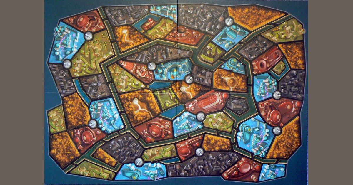 Metropolys board showing districts and neighborhood tokens