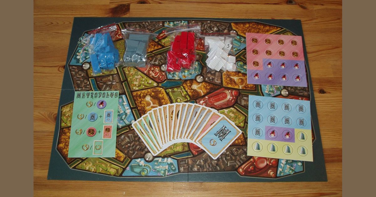 Metropolys box contents and numbered building pieces