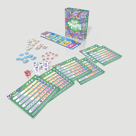 Miams board game components arranged around the box