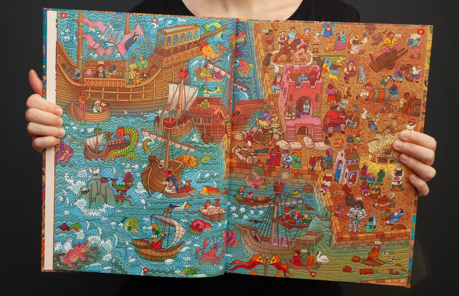 Detailed illustrated spread from Miasto Tańczącego Karpia