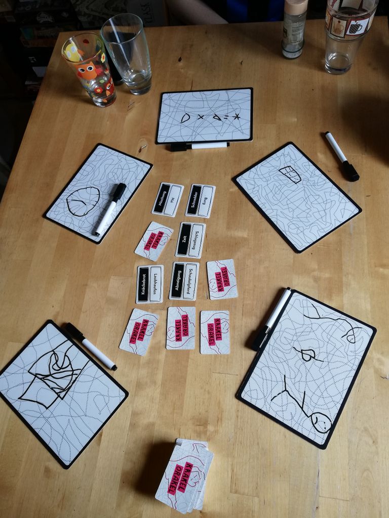 Mind the Lines boards and prompt cards in play