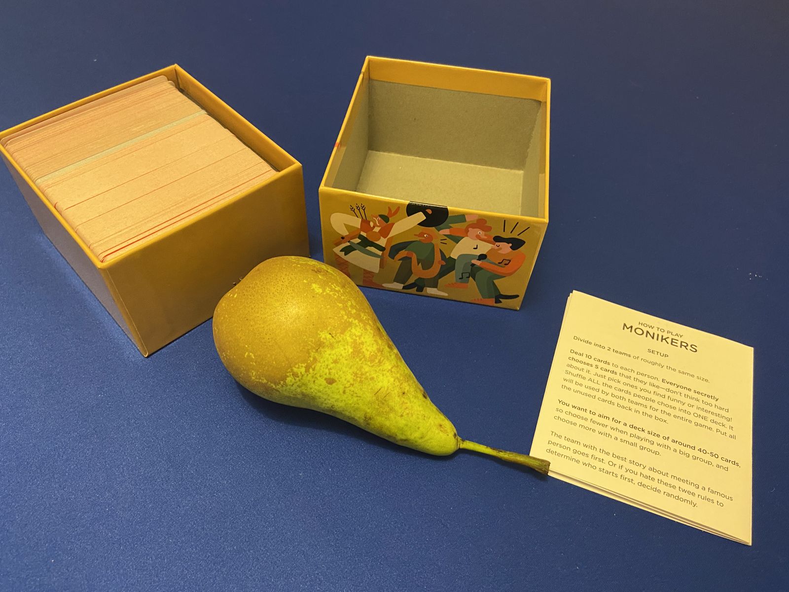 Monikers Serious Nonsense party game set up for play